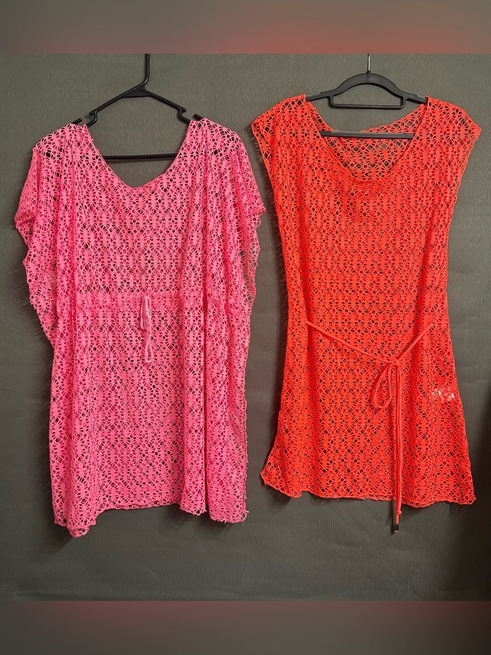 Bundle 2pc Crochet Swim Cover Up Dresses Neon Hot Pink Coral Orange L